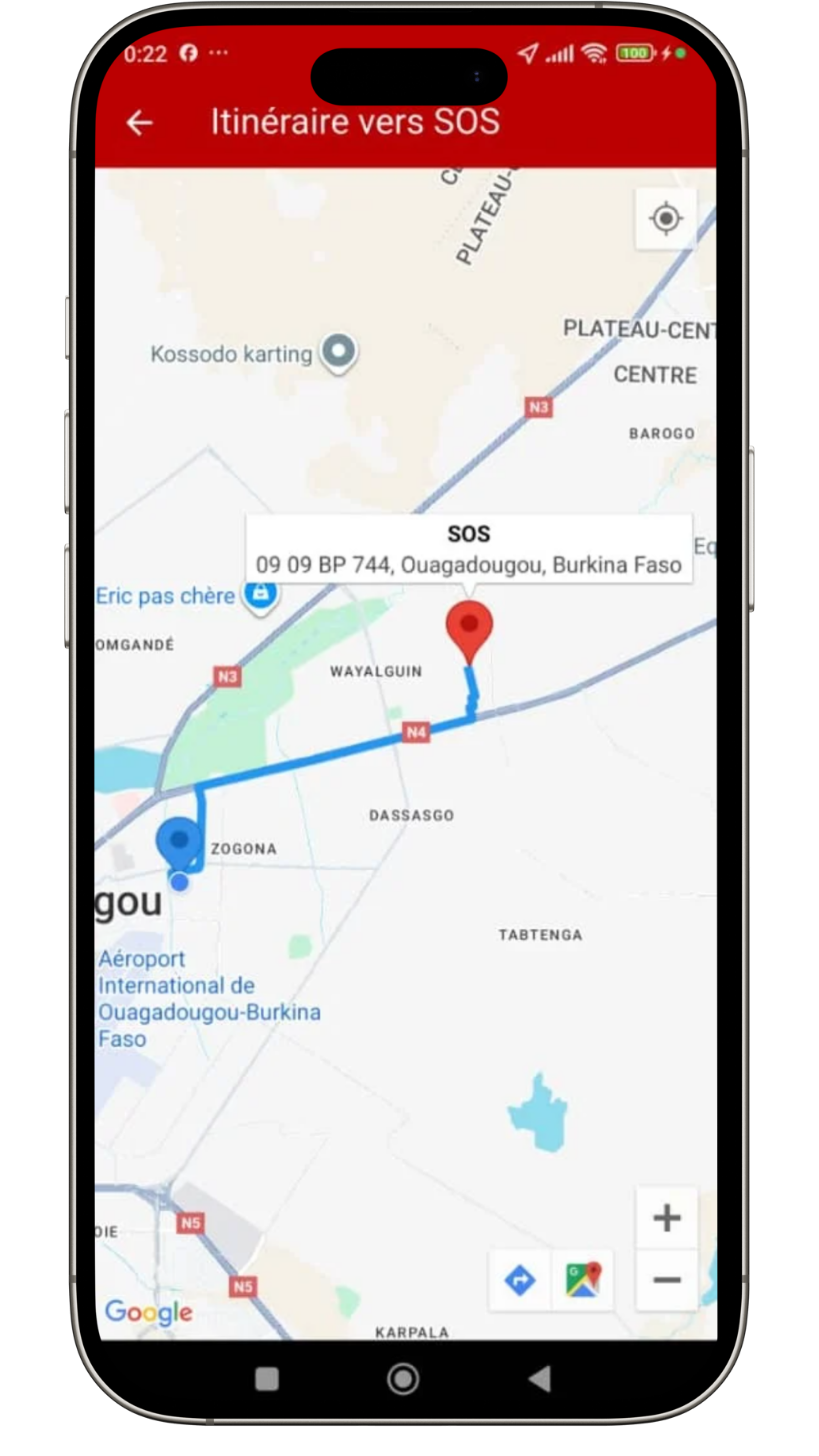 Itinéraire vers le SOS sur carte SecureLink